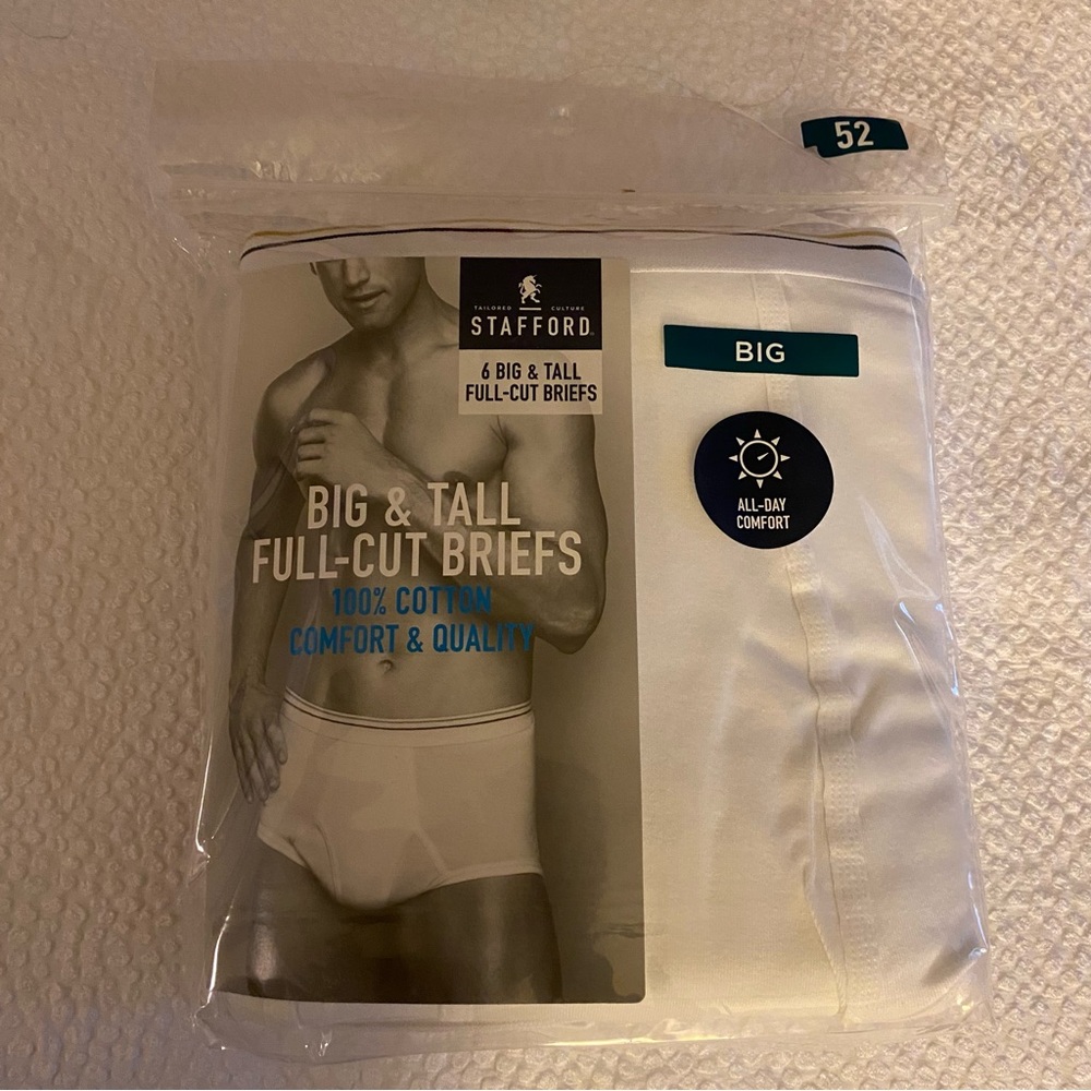 MEN'S STAFFORD BIG & TALL UNDERWEAR FULL CUT WHITE BRIEFS 6pk SIZE 52 COTTON